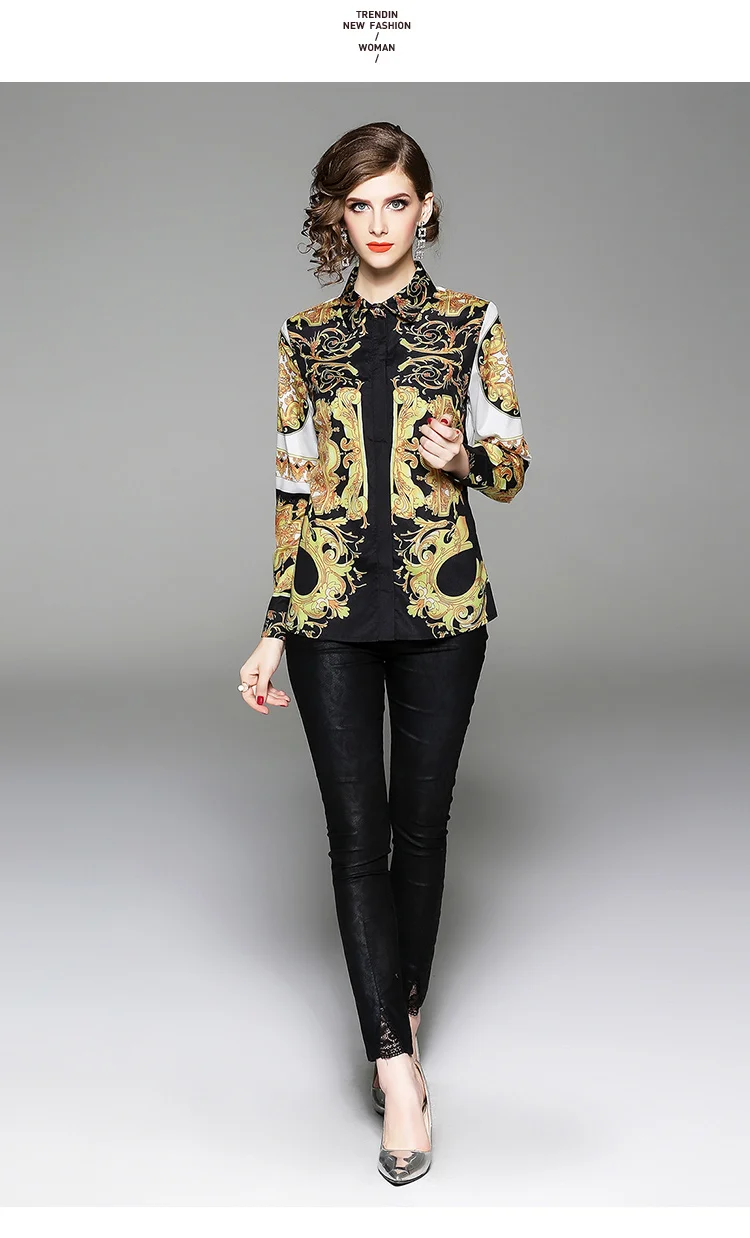 Новинка, осенние женские топы и блузки с длинным рукавом, шифоновая блуза с принтом в стиле барокко, офисная одежда для офиса