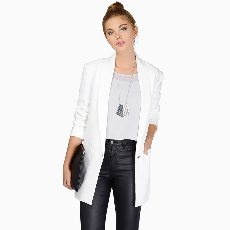 Women casual long blazer white black and blue blazer - Цвет: white