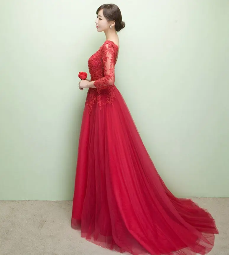 Vestidos para boda invitadas2019 новые кружевные Длинные рукава A Lina богемные серебряные Бордовые Платья для подружки невесты с шлейфом для свадебной вечеринки - Цвет: burgundy