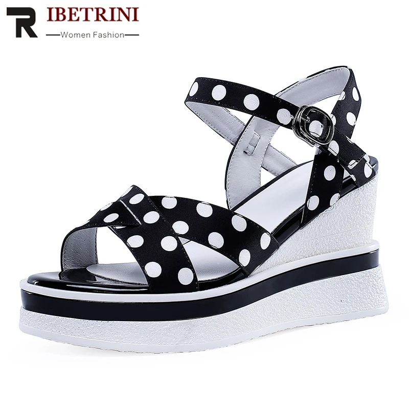 

RIBETRINI 2019 New Sweet Peep Tow Women Summer Platform Sandals Genuine Microfiber High Wedges Polka Dot Shoes Women 34-42