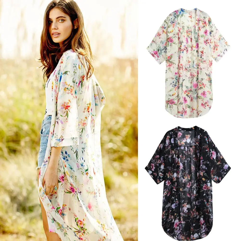 2019 Women Boho Chiffon Kimono Cardigan Floral Printed 3/4 Sleeve Long Blouse Top Casual Loose Beach Wear Plus Size 5XL Black