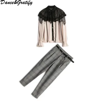 

New 2018 Autumn Women Office Work Pants Suit Lady Casual Lace Chiffon Shirt Tops + Plaid Trousers Clothes Set