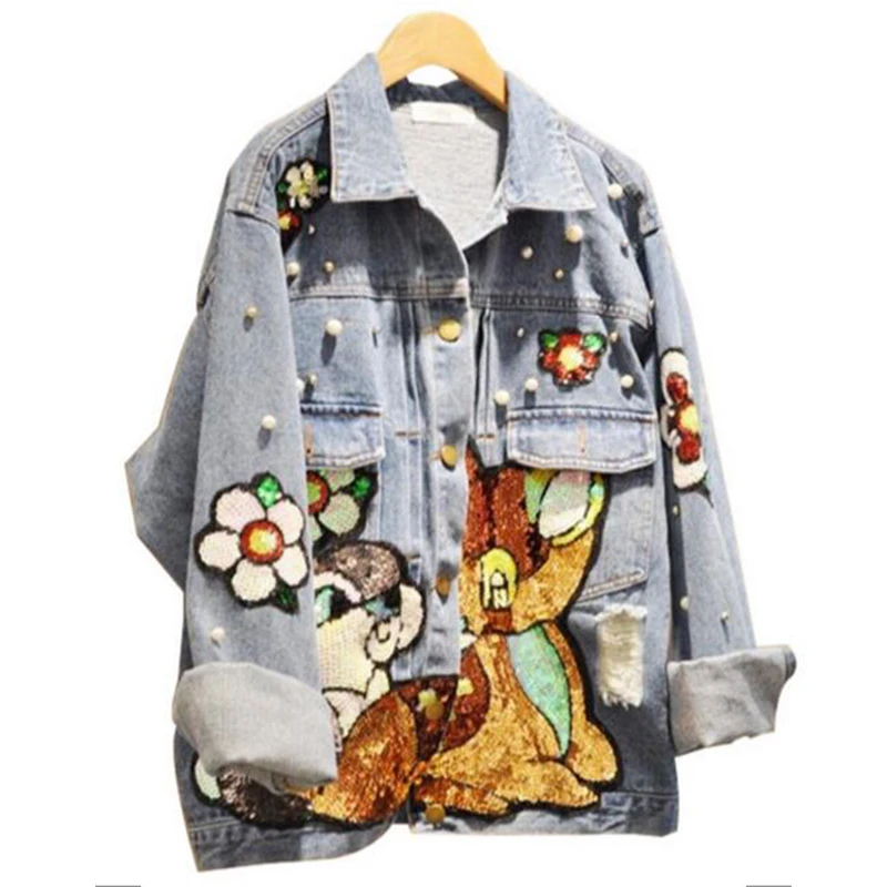 

Cartoon sequins Bomber Flowers embroidered Denim coat Woman cowboy Beads Sequined Buttons casual jacket Chic Outwear