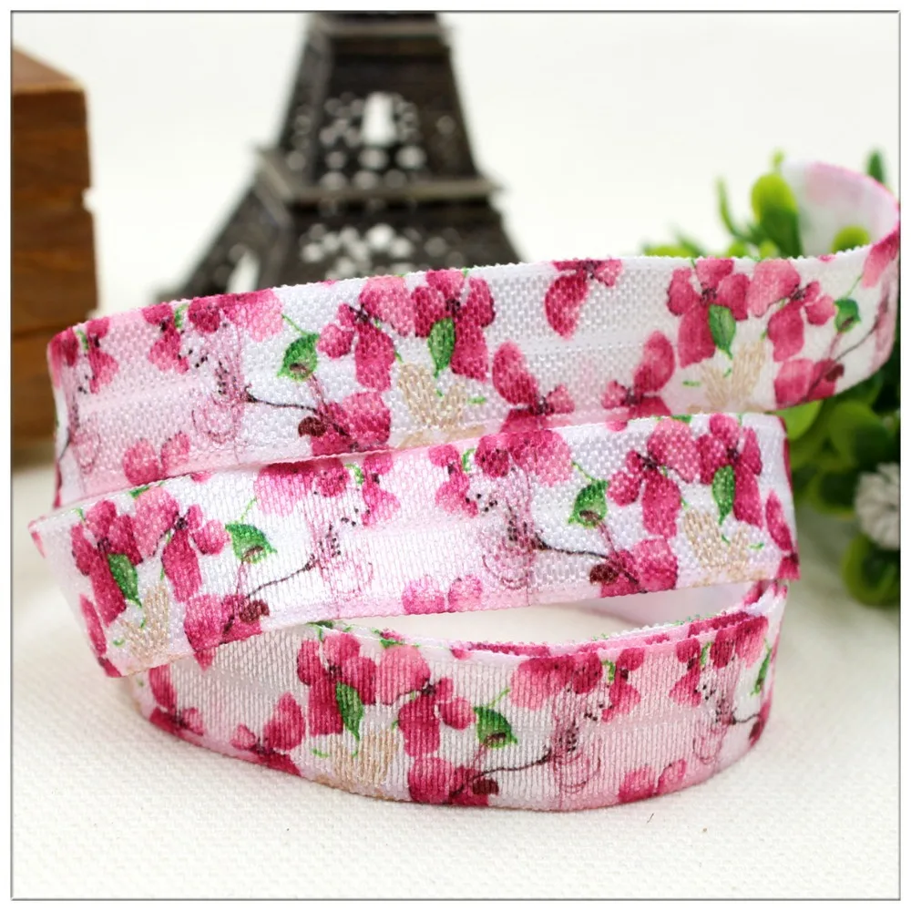 1571484 , width 16MM , Fold Over Elastic Ribbon Printed with flower