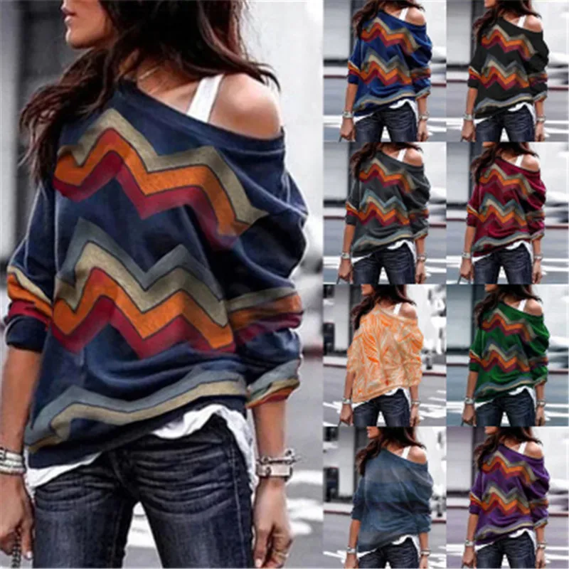 T-shirt Women Plus Size Off Shoulder Sexy Tops Tshirt Femme Long Sleeve Wave Striped Print Camiseta Mujer 2019 Shirts Women 1