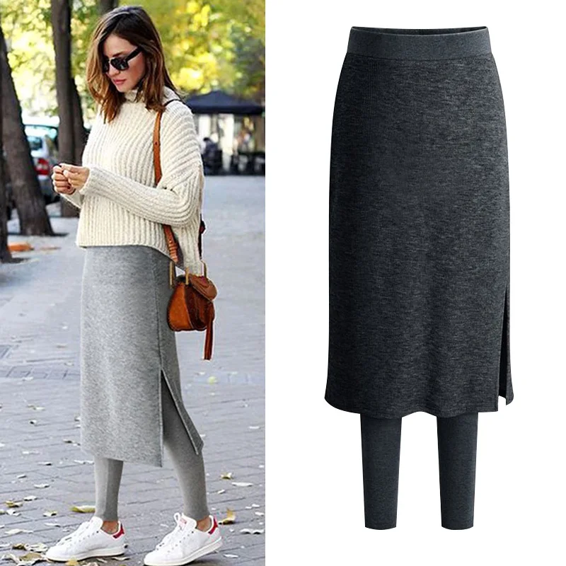 Теплая Женская юбка, плюс размер, S-6XL, Осень-зима, плотные штаны с ворсом, бархат, имитация двух частей, термо юбка, брюки