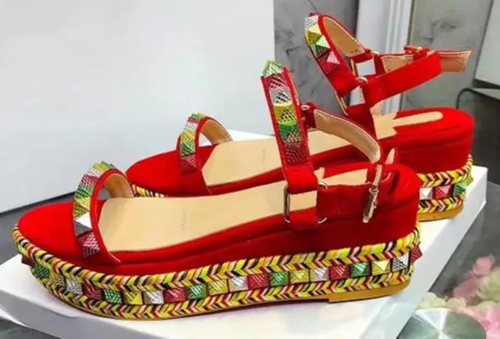 

2019 Sexy Platform Sandals Women Open Toe Rivet Mixed Color Wedges Shoes Runway High Heels 22 Color сандали женски