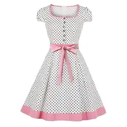 Летнее винтажное платье в горошек 50 s, женское платье трапециевидной формы с розовым поясом и бантом, милое Модное Элегантное белое