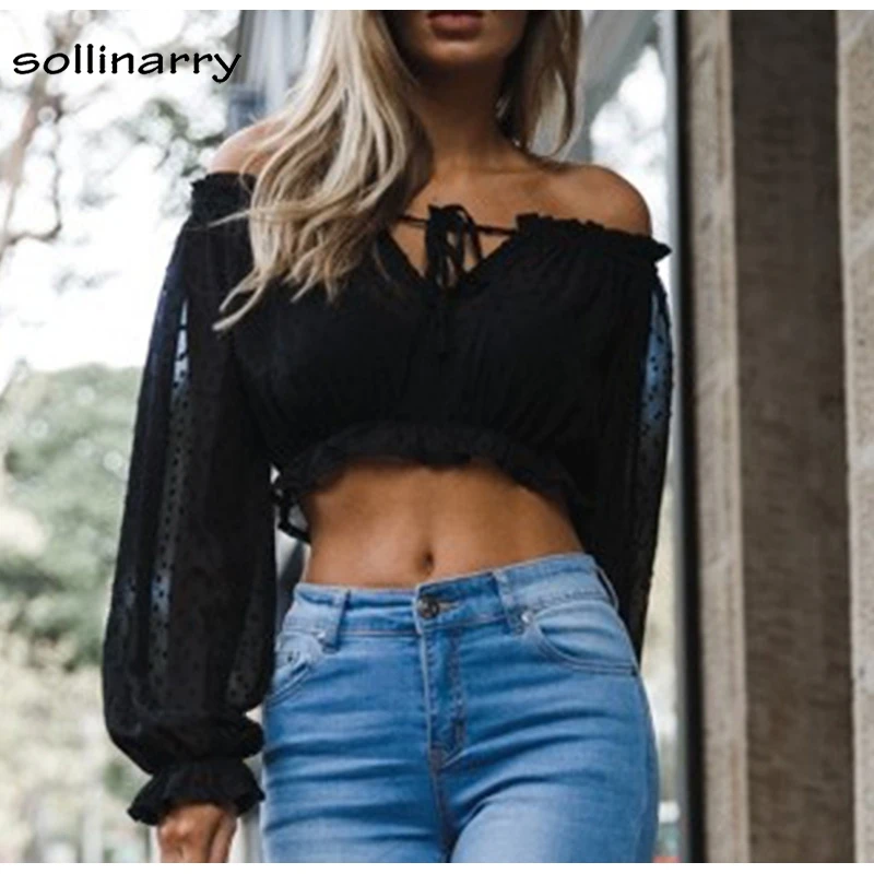 Sollinarry Off Shoulder White Women Blouse Shirt Solid Long Sleeve Short Blouse High Street See Through Club Sexy Crop Top Blouses