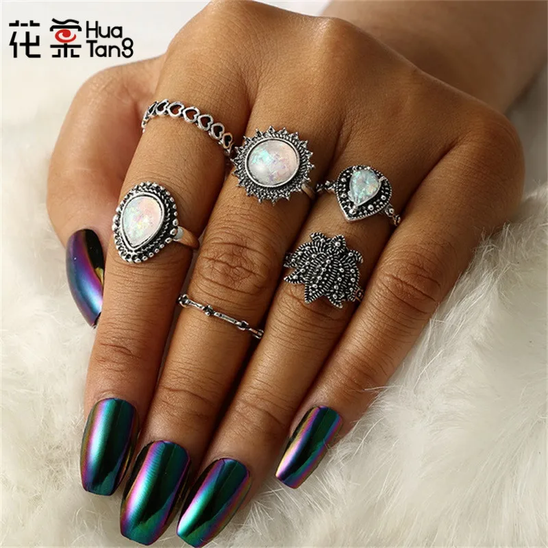 

HuaTang 6 Pcs/Set Antique Silver Crystal Flower Watedrop Ring Punk Rings Carved Knuckle Anillos Anel Rings For Women New 2814
