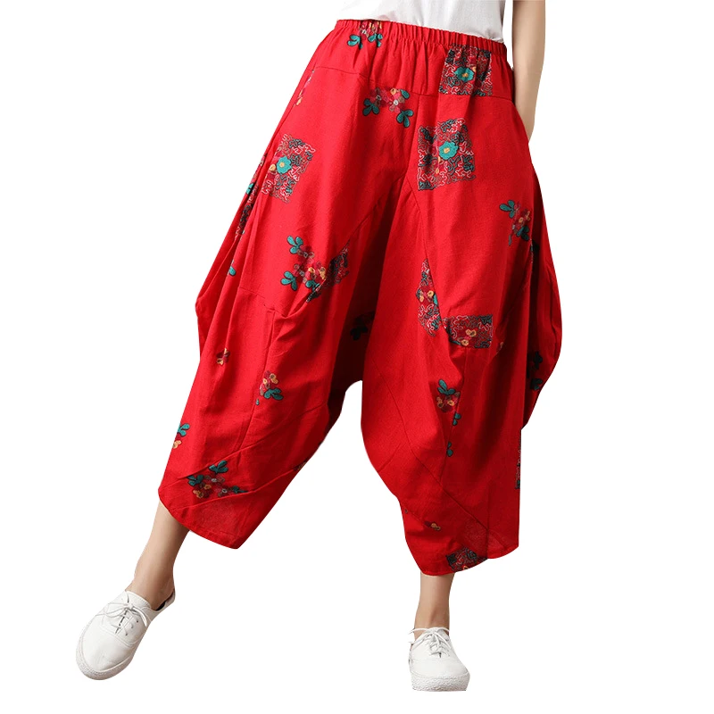 Loose Retro Print Baggy Pants for Women Summer Elastic Waist Wide Leg