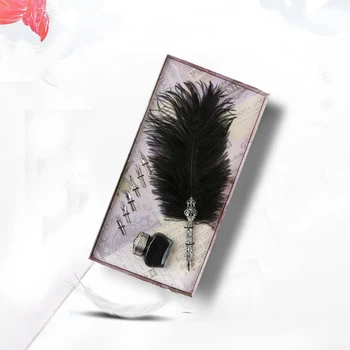 

High quality feather pen Retro Stainless steel Fountain pen 5 Nib 15ml Black ink Beautiful gift box celebration school supplies