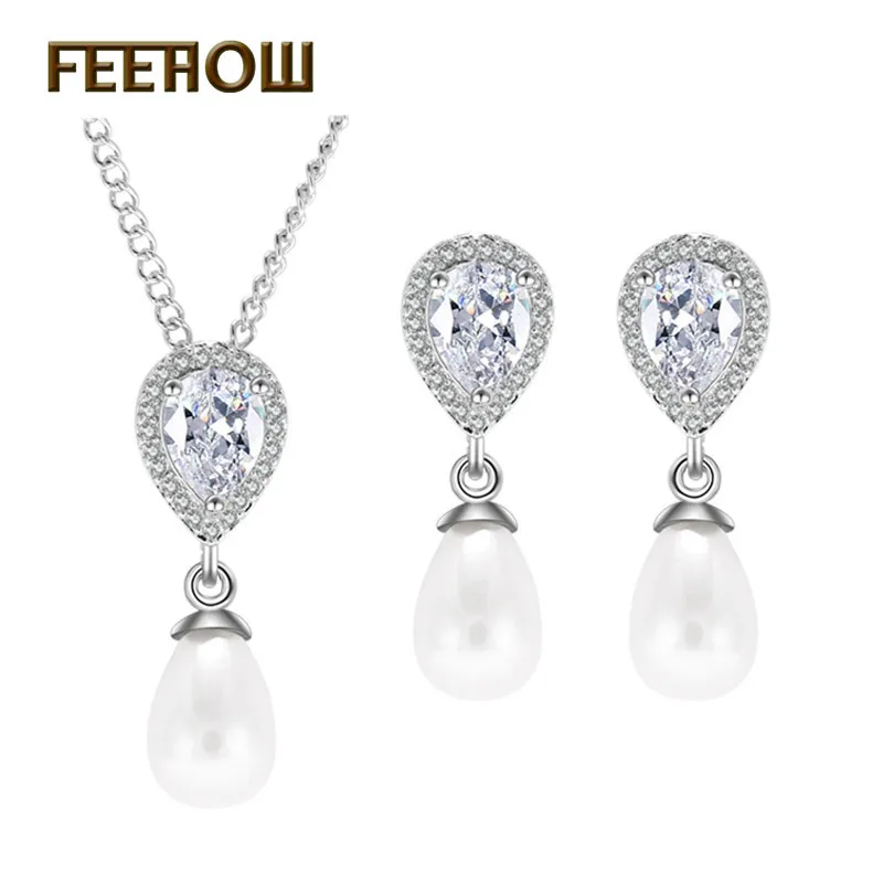 

FEEHOW Fashion Cubic Zirconia Drop Simple Sweet Earrings Pendant Set Jewelry Suitable for Bride Bridesmaid Birthday Gift FWSP323
