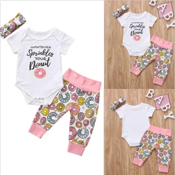 

0-24M Newborn Baby Boy Girl Donuts Short Sleeve Bodysuit+Long Pants Leggings+Headband 3pcs Infant Toddler Outfits Clothes Set