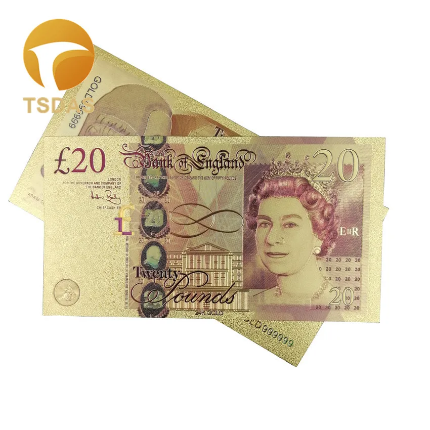 Великобритания 20 фунтов цветной золотой фольги банкноты двойной дизайн Великобритании 24 к позолоченные банкноты 10 шт./лот