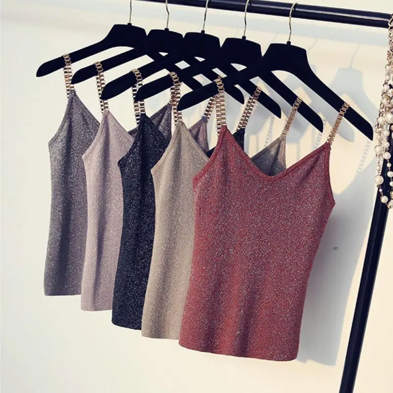 white bra 5 Colors Female Sleeveless Tank Tops Sexy Women V-Neck Knitted Camisole Club Girls Spaghetti Metal Strap Thin Shiny Glitter cami top