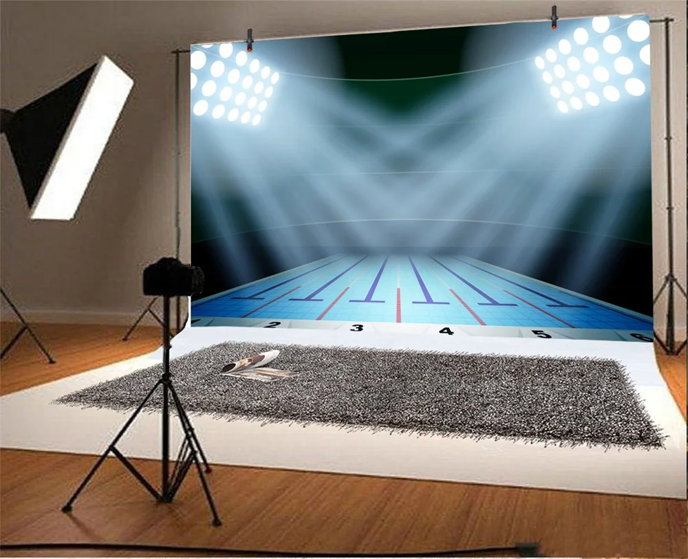 Laeacco Stadium Interior Swimming Pool Lighting Scene Photography Backgrounds Customized Photographic Backdrops For Photo Studio