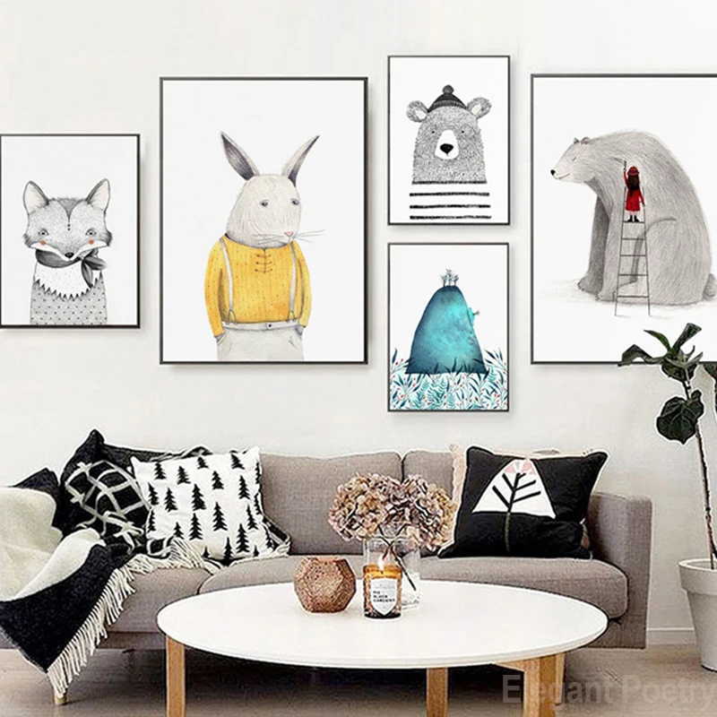 Nordic Simple Lovely Little Animal Cartoon Abstract Poster Wall Art Canvas Painting Home Picture Decoration | Дом и сад