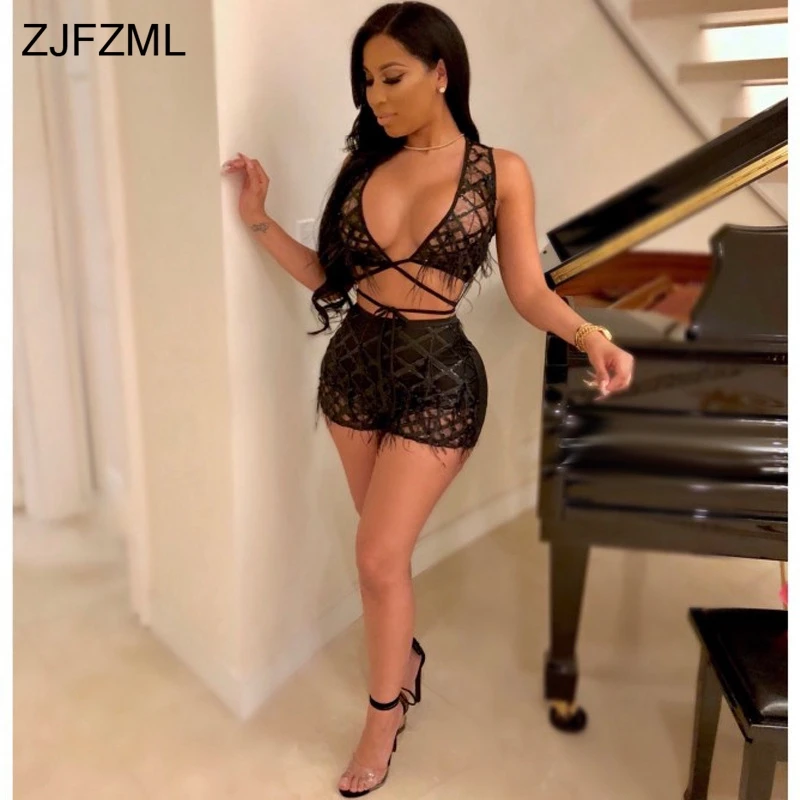 ZJFZML الديكور ريشة منقوشة الترتر مثير اثنين من قطعة مجموعة المرأة ديب V الرقبة أكمام المحاصيل أعلى و اللياقة البدنية قصيرة زائد حجم الزي