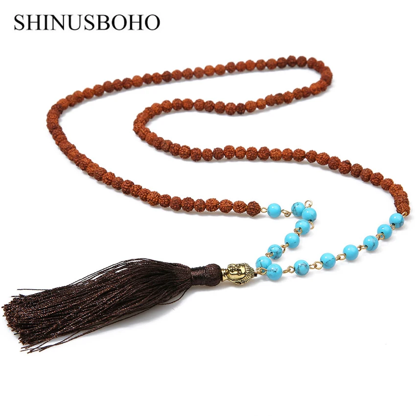 SHINUS BOHO Rudraksha Beads Necklaces Religious Buddha Head Long Tassel