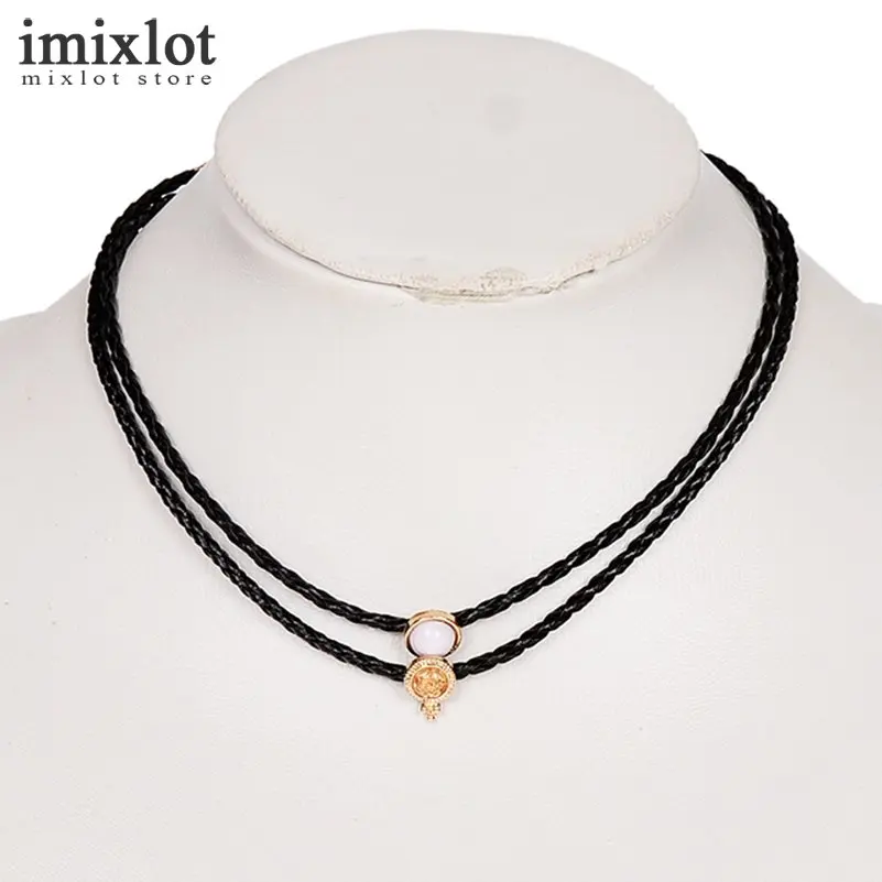 Black Leather Necklaces White Gems Charm Double Layer Choker Necklace