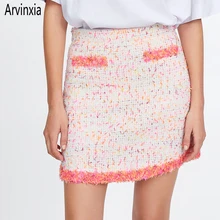 Arvinxia ZA повседневные полосатые твидовые женские мини юбки Новые эластичные европейские Стильные женские юбки сексуальные свободные кисточки офисные женские брюки