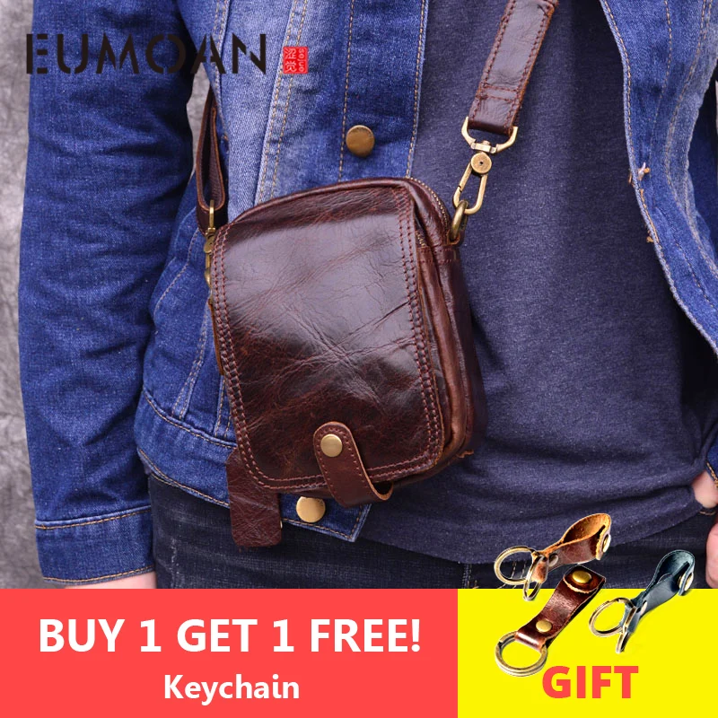 

EUMOAN 2019 new summer small square bag men's casual oil wax skin mini messenger real leather men's bag