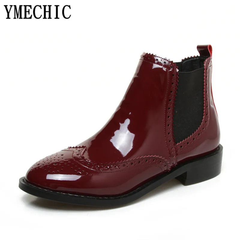 Chaussures En Noir Bottines Brogue Verni Noir Chunky Lady Ymechic Sculpté Femmes Med Chelsea Bloc Cheville Botte Rouge Talons Automne Cuir Courte vin VpUzqMSG