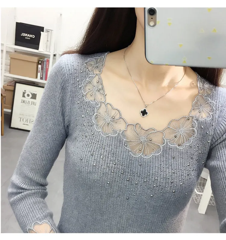 Women Pullovers 2019 Flower Lace Pullover Sweaters Fashion Round Collar Knitted Tricot Pull Fall High Elastic Sweater Women (3)