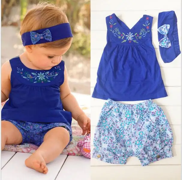 baby cute bebe girl headband set blue Backless vest tops+floral shorts+bowknot headband bebe menino 6 18 month baby girl clothes