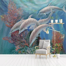 Пользовательские 3D Шелковый Бумага фото ребенка настенной Бумага Roll море мультфильм Дельфин домашнего декора для детской комнаты Спальня стены Бумага для 3D