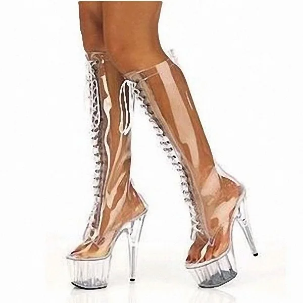 

Occident Ladies Knee High Boots Lace Up Stilettos Super High Heel Runway Clubwear Clear Transparent Crystal PVC Shoes 15CM A354