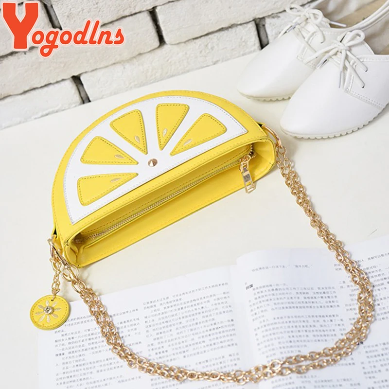 Yogodlns 2019 جديد أزياء النساء Crossbody حقيبة lemon الفاكهة شكل البسيطة حافظة نقود مخلب سلسلة حقيبة كتف السيدات حقيبة ساعي