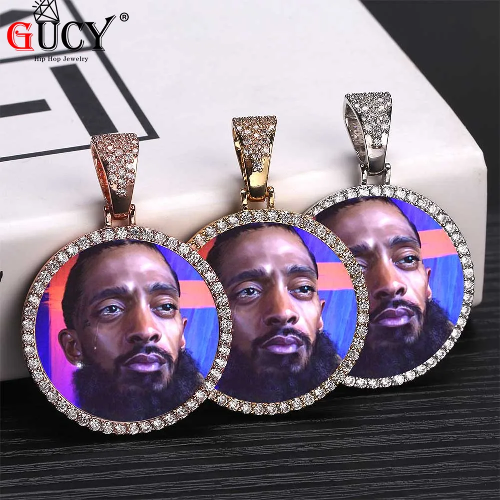 

GUCY Fashion Custom Made Photo Roundness Solid Back Pendant & Necklace With Tennis Chain Cubic Zircon Men's Hip hop Jewelry