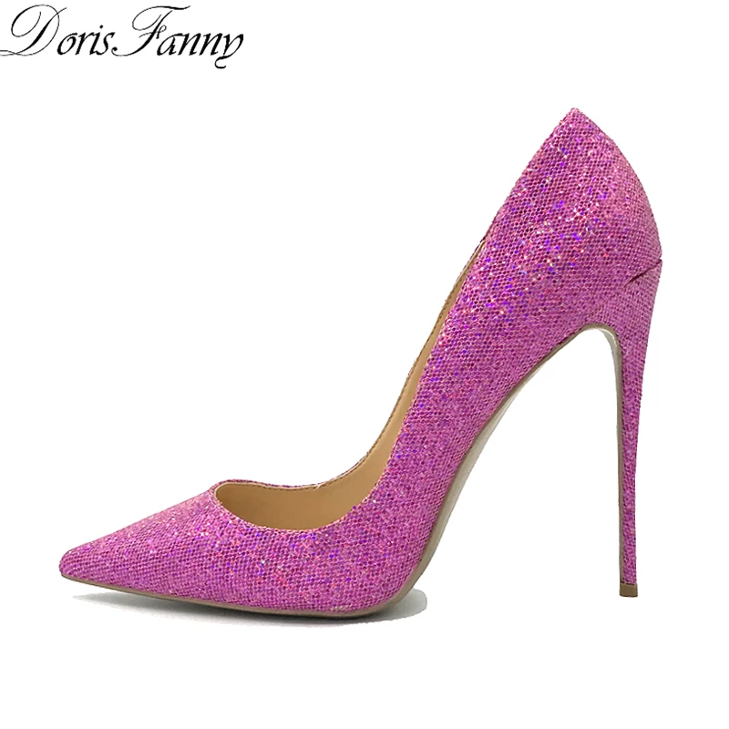 Tanie DorisFanny buty musujące klub 2018 fioletowy brokat buty damskie pompy sexy szpilki Stiletto zapatos de mujer
