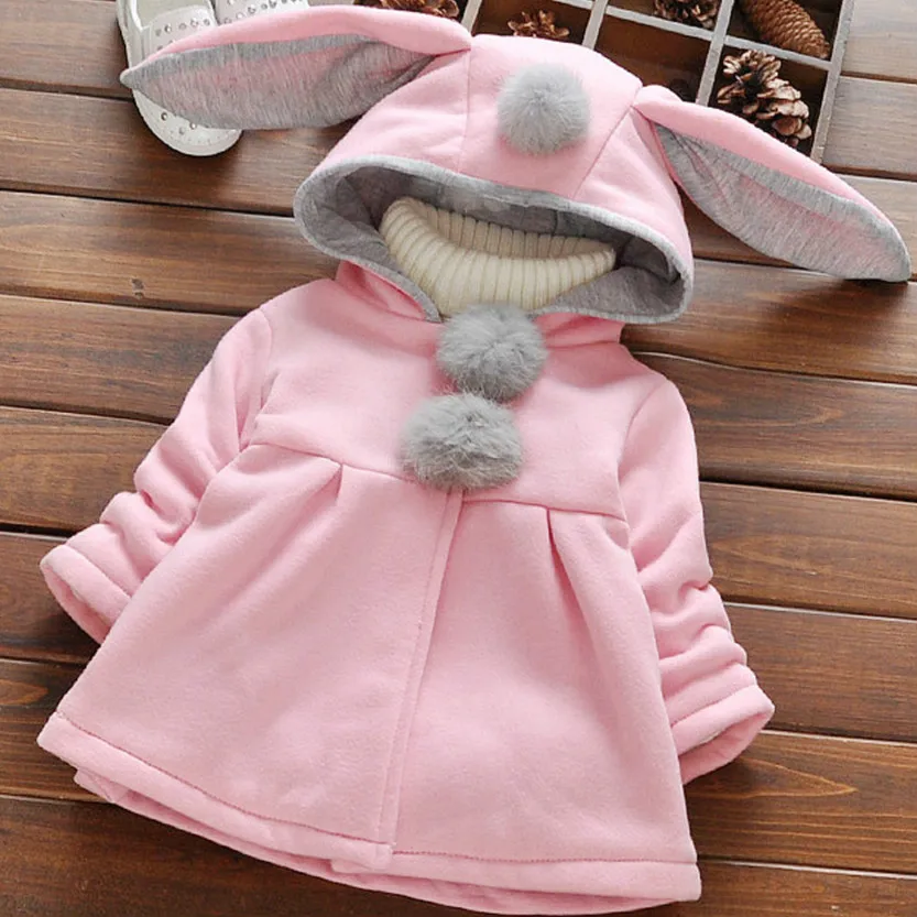 

2017 new baby girl winter clothes baby coat Hooded Jacket rabbit rabbit ears long sleeved girl jacket autumn girl dress