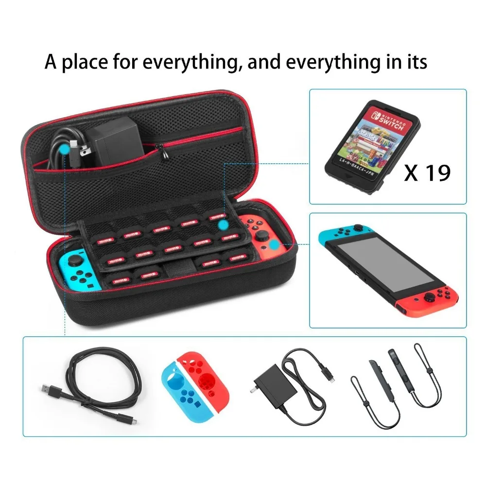 10 in 1 Accessory Kit Set for Nintend Switch With EVA Carrying Case Joy Con Grip Adjustable Stand HD Screen Protectors 3 Packs 