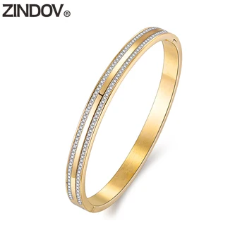 

ZINDOV Classic Women Gold Bangles Bracelet Two Line Crystals Quality Fashion Jewelry Stainless Steel Bracelets Rose Gold Female