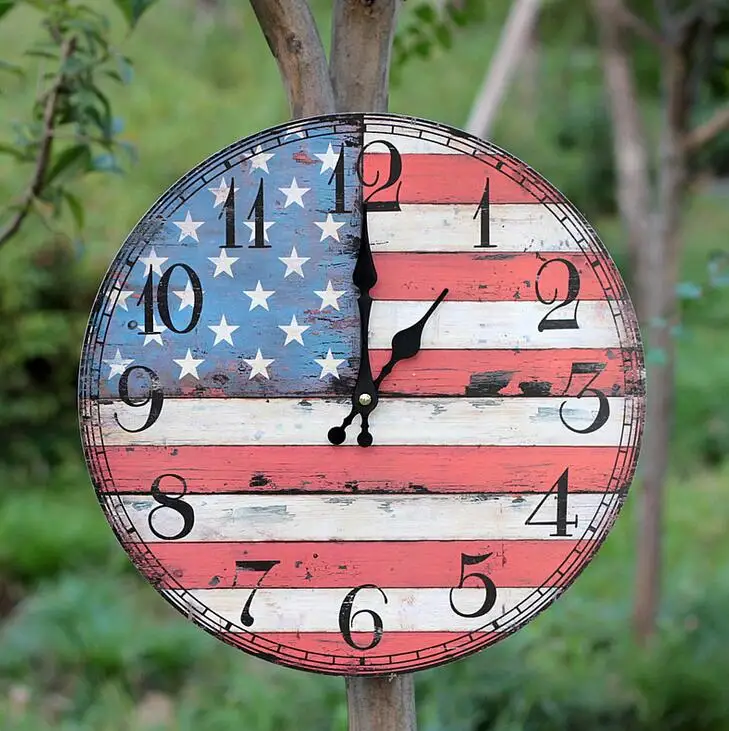 Antique Styles American US Flag Pattern Wood Wall Clock 35CM Round