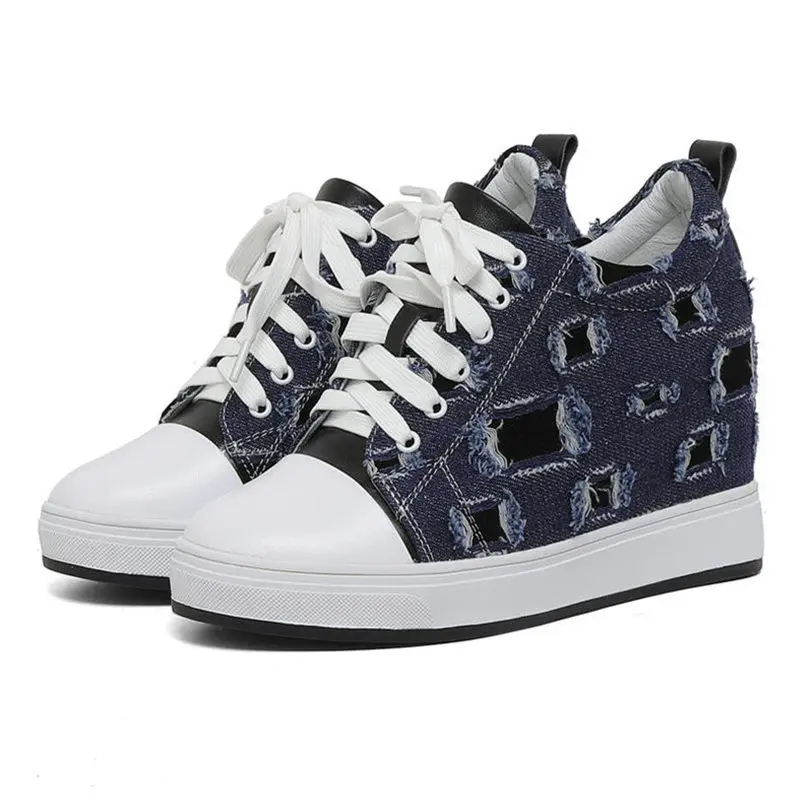 

2019 Tennis Shoes Women Cow Leather Wedges High Heel Ankle Boots Lace Up Canvas Party Pumps Shoes Punk Trainers Platform Oxfords