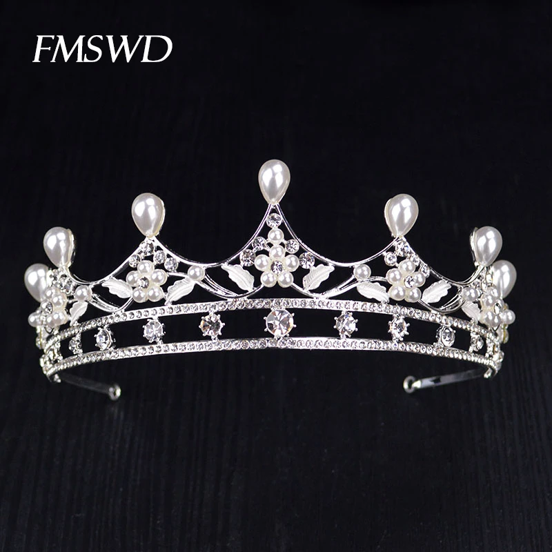 

New Vintage Handmade Silve Color Crystal Pearl Small Tiara Princess Crown For Wedding Bride Hair Accessories Hair Jewelry HG-007