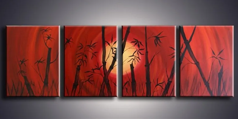 

Large 4 Piece Pictures Hand-painted Chinese Bamboo Oil Painting Handmade Abstract Red Paintings on Canvas Modern Home Decor Art