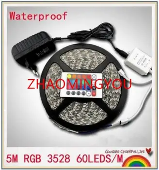 

YON 100pcs 5m RGB led strip SMD 3528 Waterproof 300 Led Strip Light + 24 Keys IR Remote+12V 2A power supply free shipping
