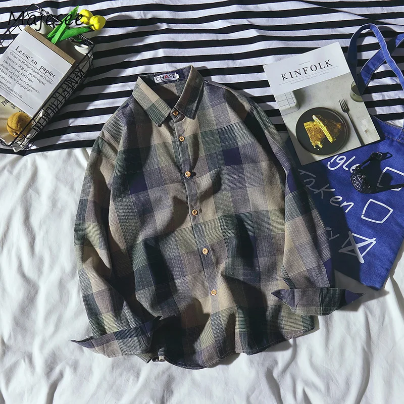 

Shirts Men Plaid Retro All-match Korean Style Simple Trendy Loose Harajuku Shirt Mens Ulzzang Students Daily Leisure Clothing