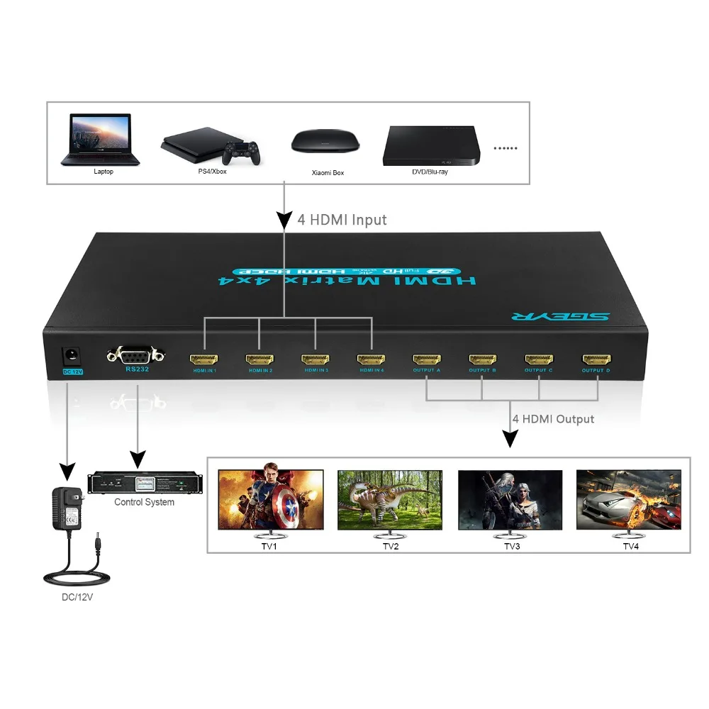 4Kx2K HDMI Matrix Matriz 4x4 HDMI Switch Splitter 4 input 4 output HDMI 1.4 Switcher 1080P with IR Remote Switches for Projector