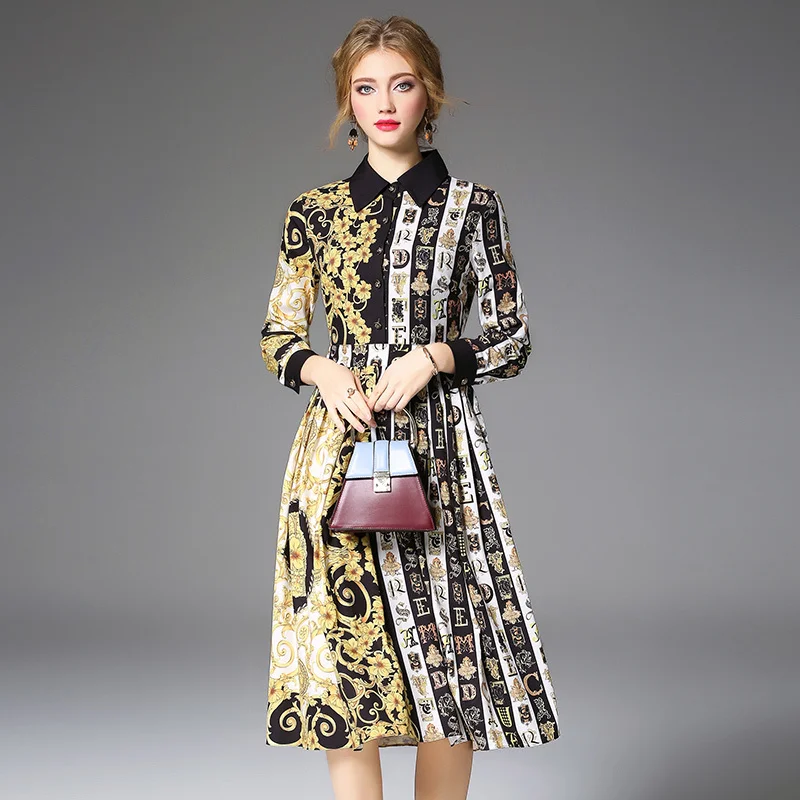 

Women's Runway Dress Elegant Lapel Buttons Spring Autumn Letters Flower Print Vertical Stripe Sukienki Long Sleeve Shirt Dress