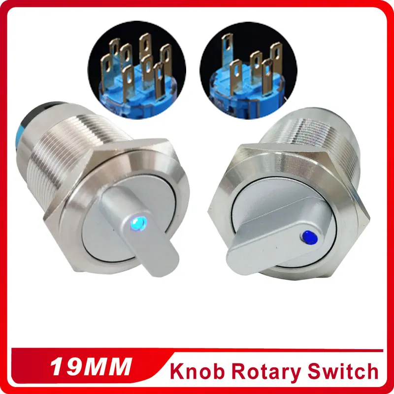 

19mm 2 3 Position Switch Push Button Switch DPDT Illuminated Metal selector Rotary Switch with LED Waterproof Stainless Steel