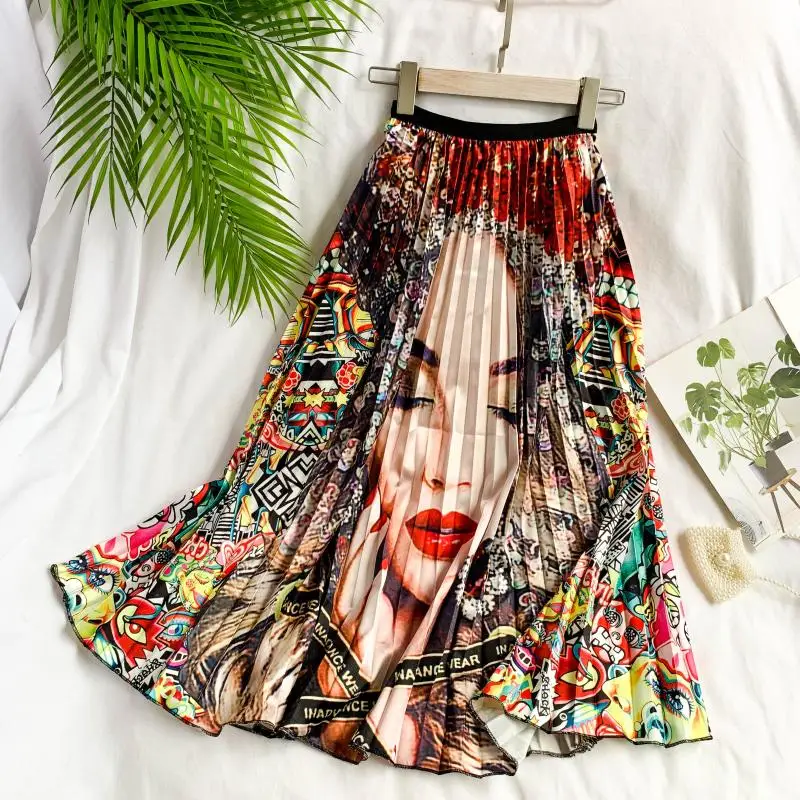 

Fashion Casual Long Ruffles Chiffon Summer Skirt Women Hip Hop Cartoon Portrait Pattern Elastic Waist Wrap Midi Skirt Streetwear