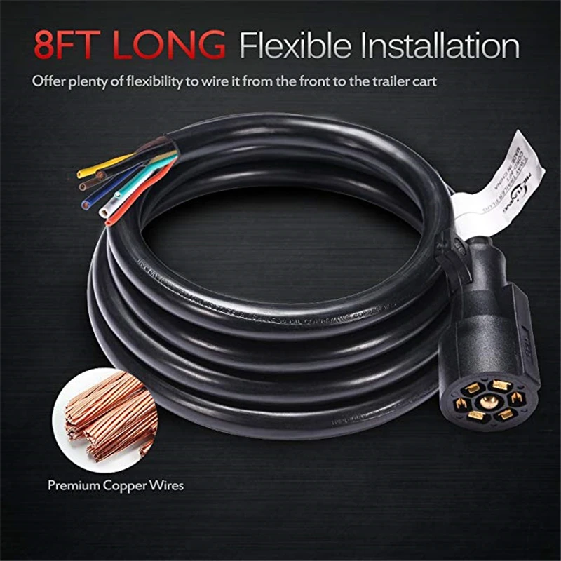 Weatherproof RV 7 Pin Wire Inline Light Trailer Wiring Harness Cable Corrosion Resistant PWR+ 7-Way Trailer Plug Connector Cord 7-Pin: Extra Long 8 Ft Double Prongs Heavy Duty