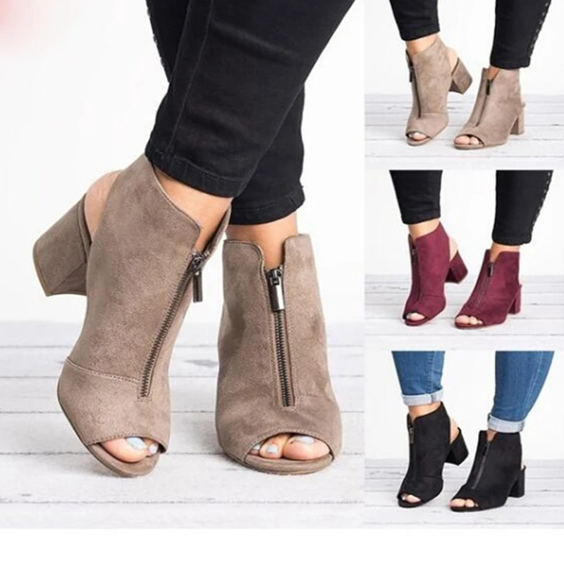 

2019 Summer Solid Ankle Boots Sandals High Heels Zip Shoes Woman Fashion Pumps Peep Toe Women Shoes Plus Size XWZ5689